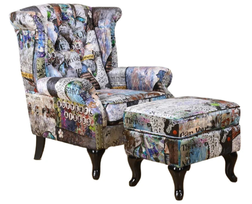 Cooper Patchwork Wingback Armchair with Ottoman