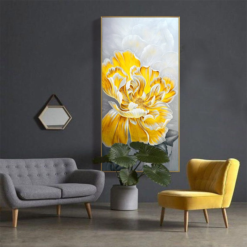 Hand Painted Flower Painting on Stretched Canvas - Gold Frame