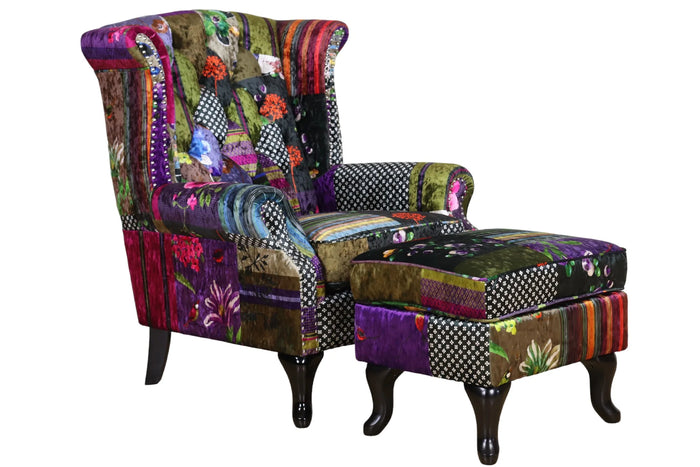 Berkdale Patchwork Wingback Armchair with Ottoman