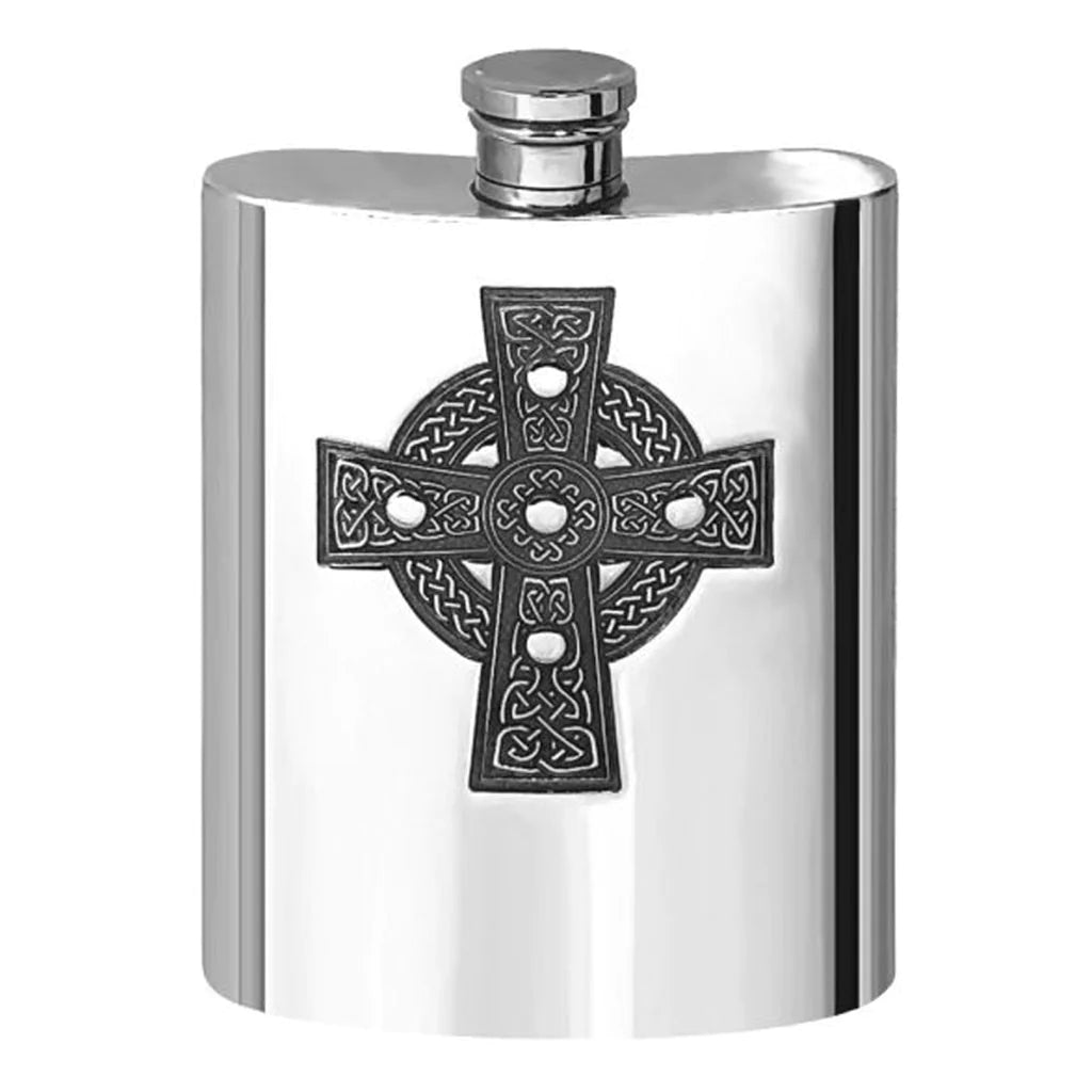 6oz Pewter Hip Flask with Intricate Celtic Cross Design