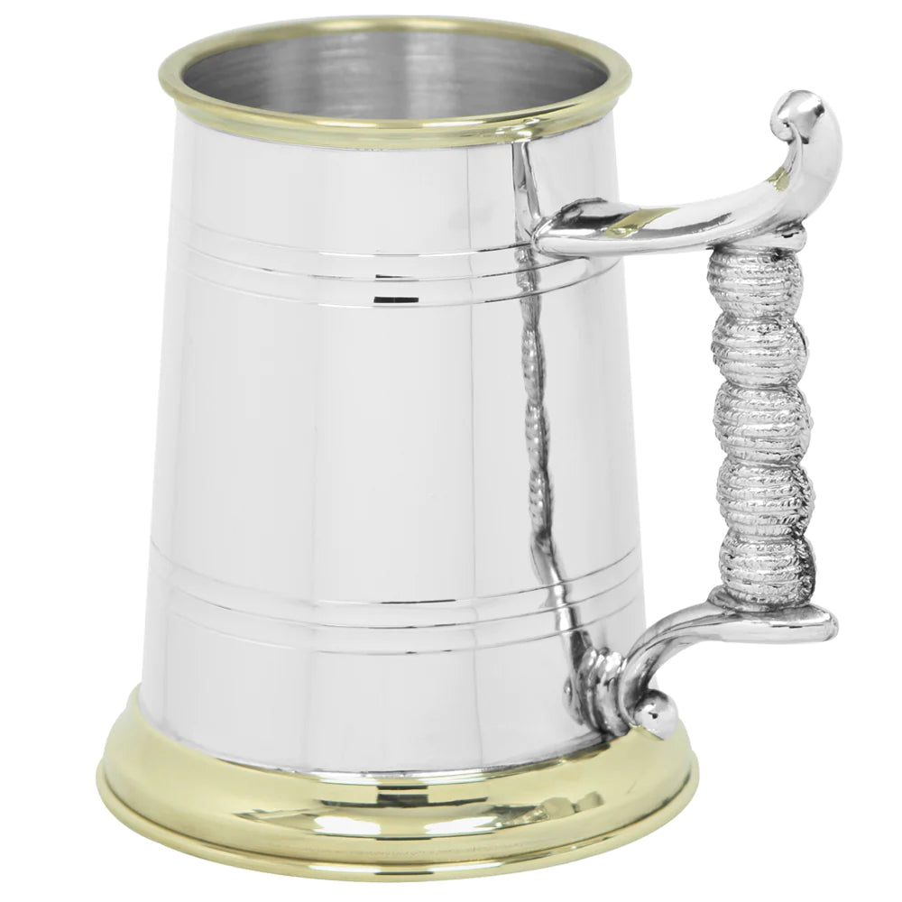 1 Pint Pewter and Brass Beer Mug Tankard - Rope Style Handle