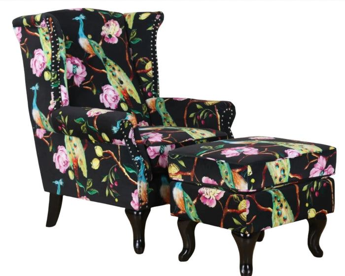 Castella Wingback Armchair with Ottoman - Peacock