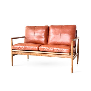 Hans Mid Century 2 Seat Leather Sofa - Caramel Brown