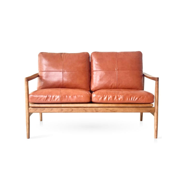 Hans Mid Century 2 Seat Leather Sofa - Caramel Brown