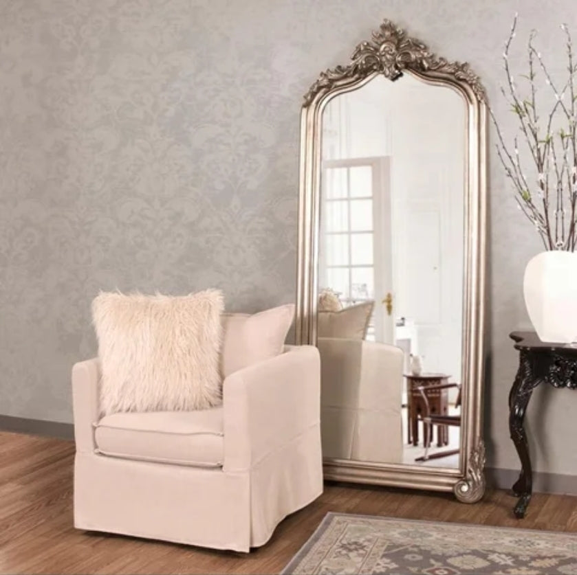 Antiqued Ornate Bevelled Floor Mirror Silver