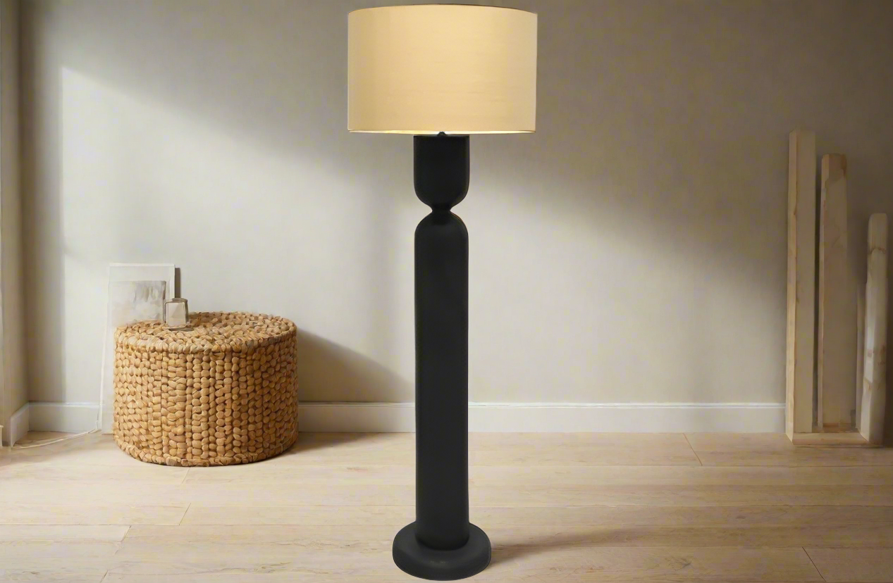 Mila Wooden Floor Lamp - Black/Beige Shade