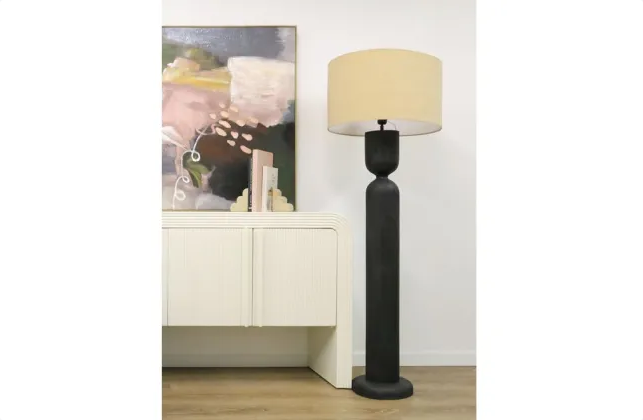 Mila Wooden Floor Lamp - Black/Beige Shade