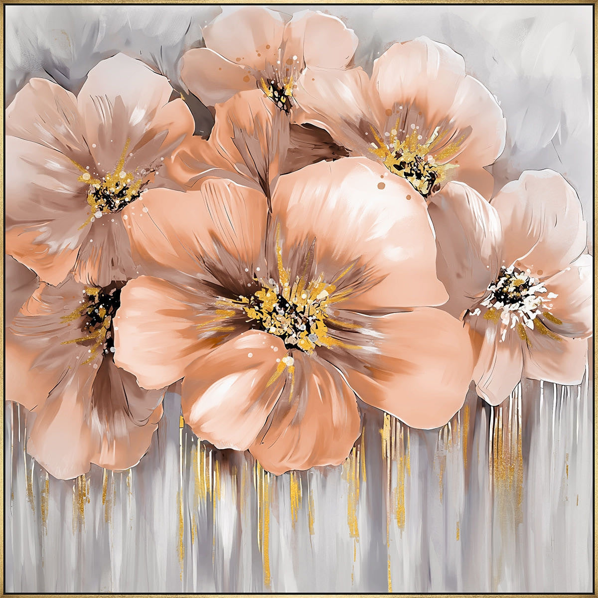 Hand Painted Flower Painting on Stretched Canvas - Gold Frame