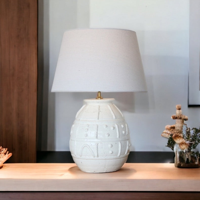 White Terracotta Table Lamp with White Linen Shade