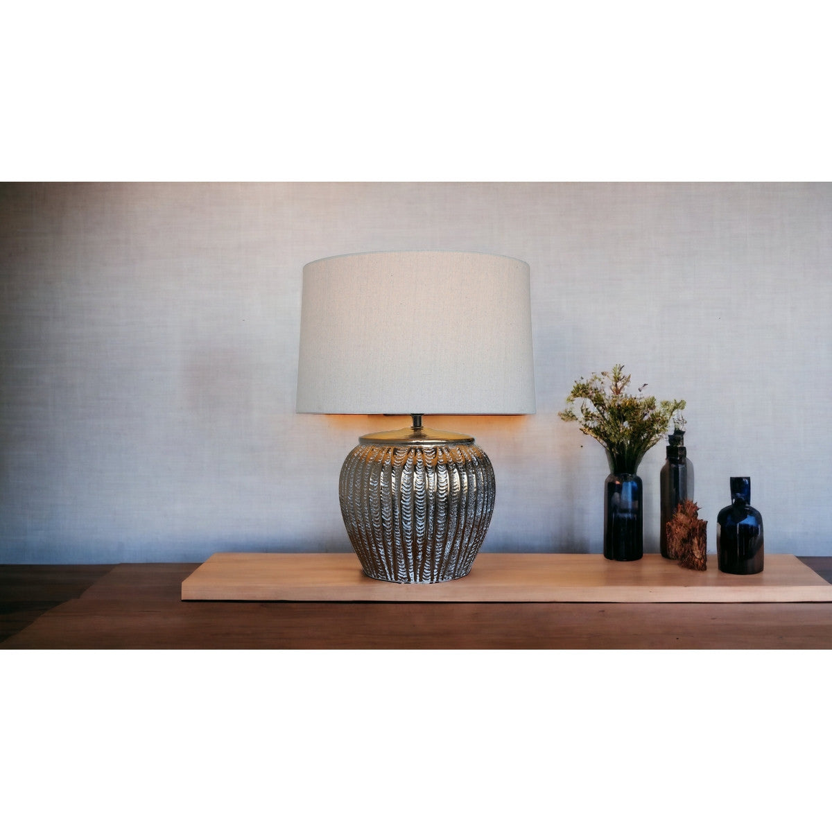 Gold Ceramic Lamp with Natural Linen Shade