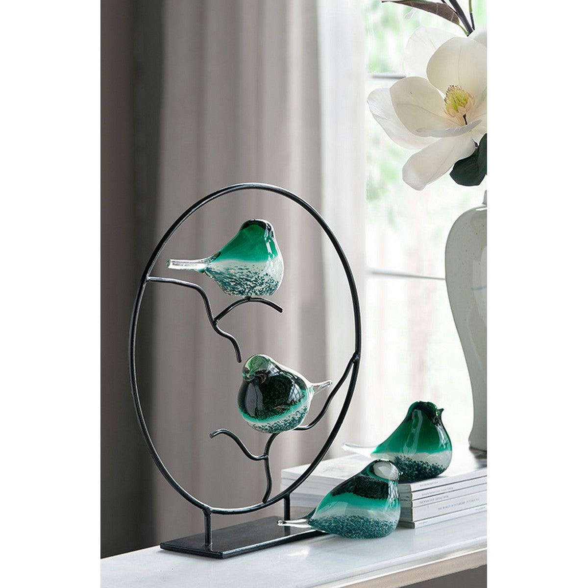 Green Glass Birds Set of 2