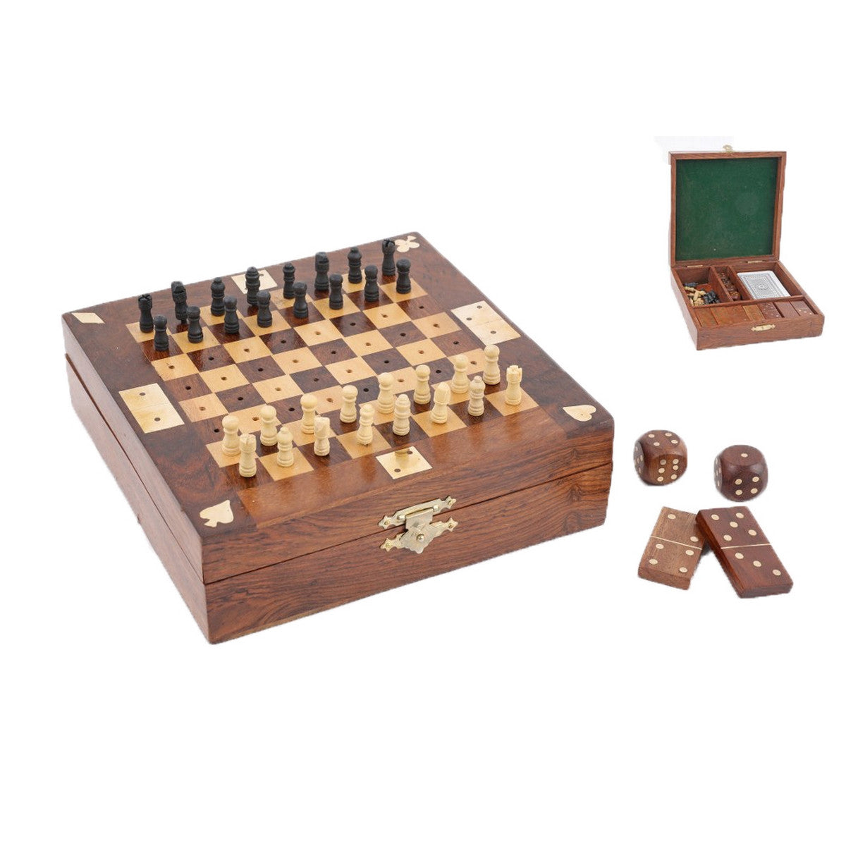 Wooden Game Set - Cards, Dice , Dominoes, Chess