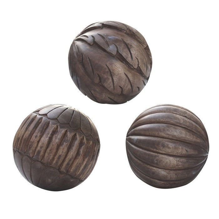 Brown Carved Mango Wood Spheres Set of 3