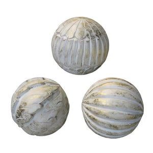 White Carved Mango Wood Spheres Set of 3